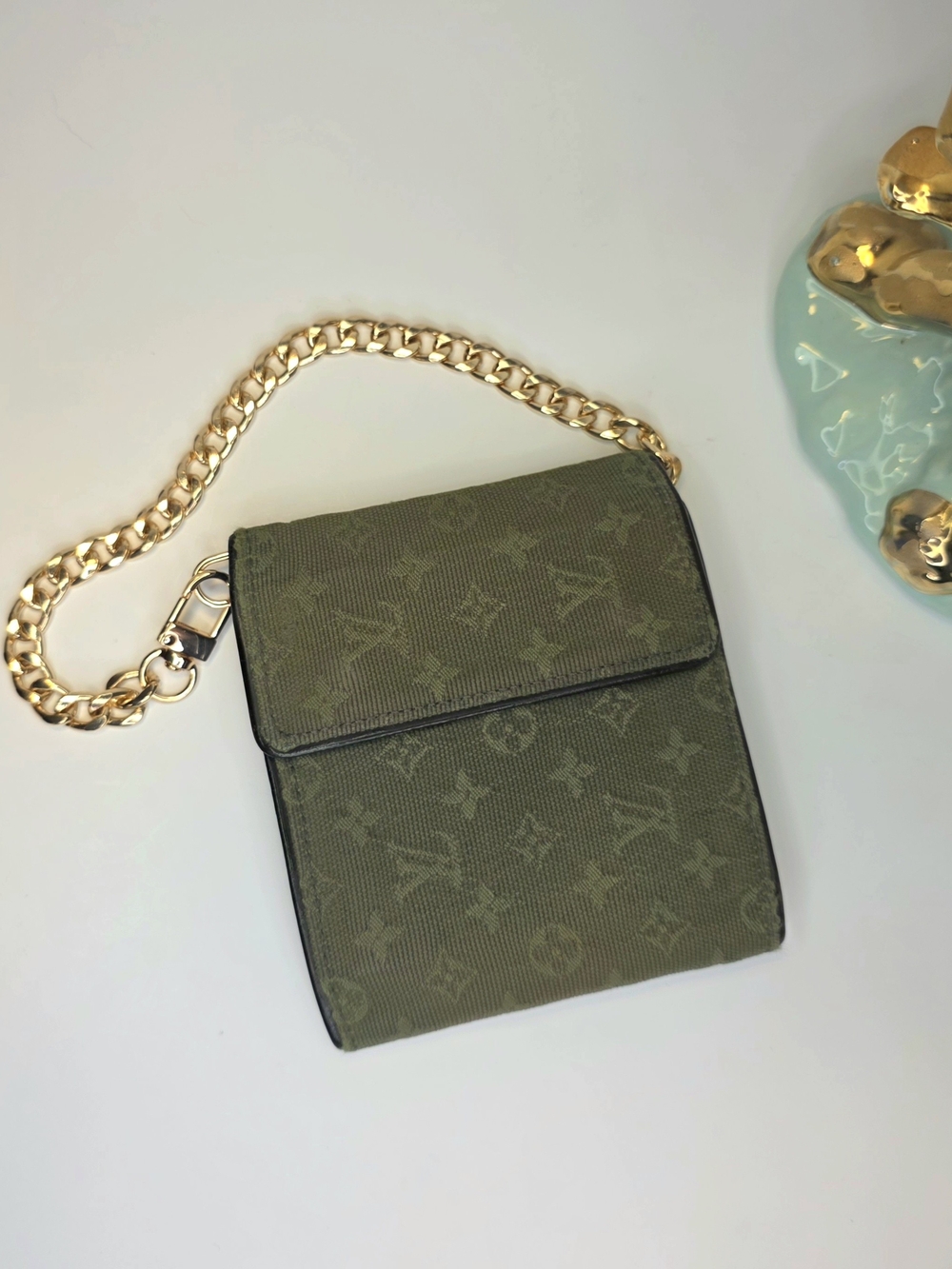 Louis Vuitton Green Mini Lin Denim Compact Fold Wallet W/ Chain ✨️ - Picture 2 of 9